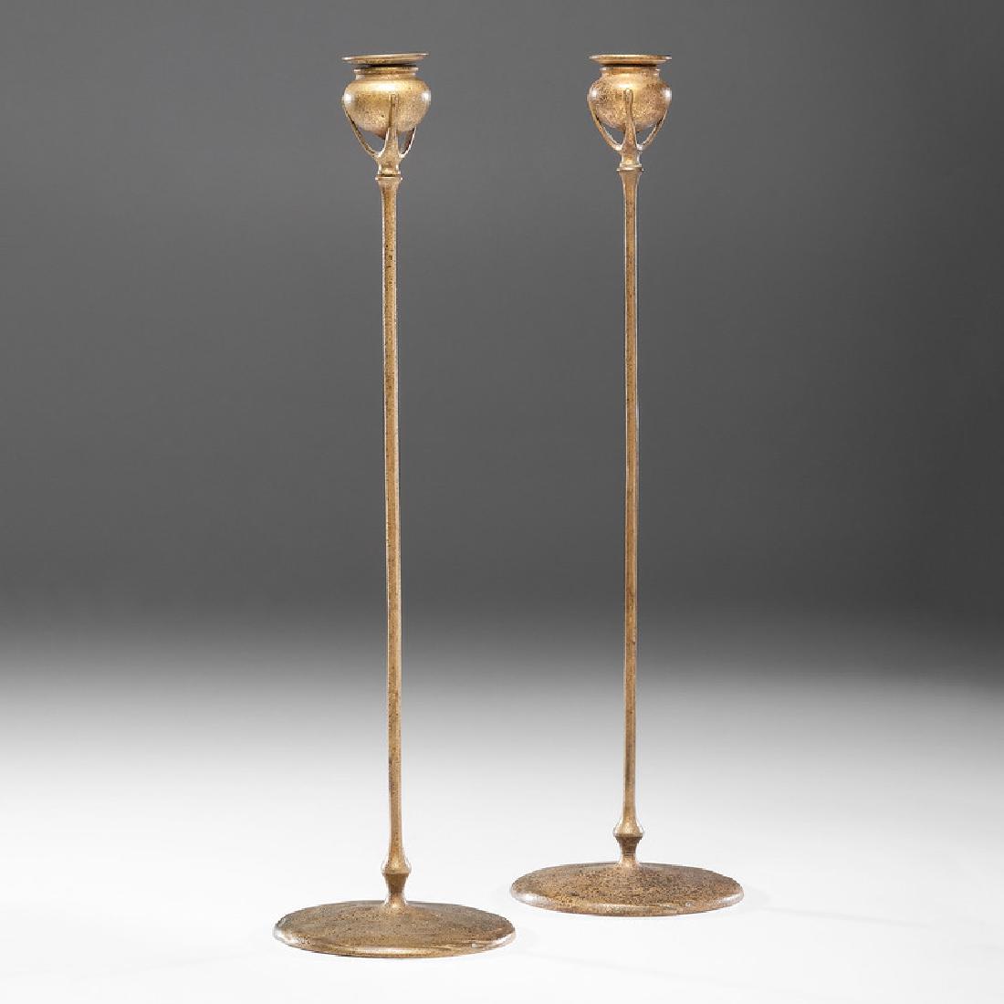Tiffany Studios Dore Bronze Candlesticks: American, early 20th century. A pair of Tiffany Studios dore bronze candlesticks, #1213, impressed marks on underside of base; ht. 20.5 in. (each).