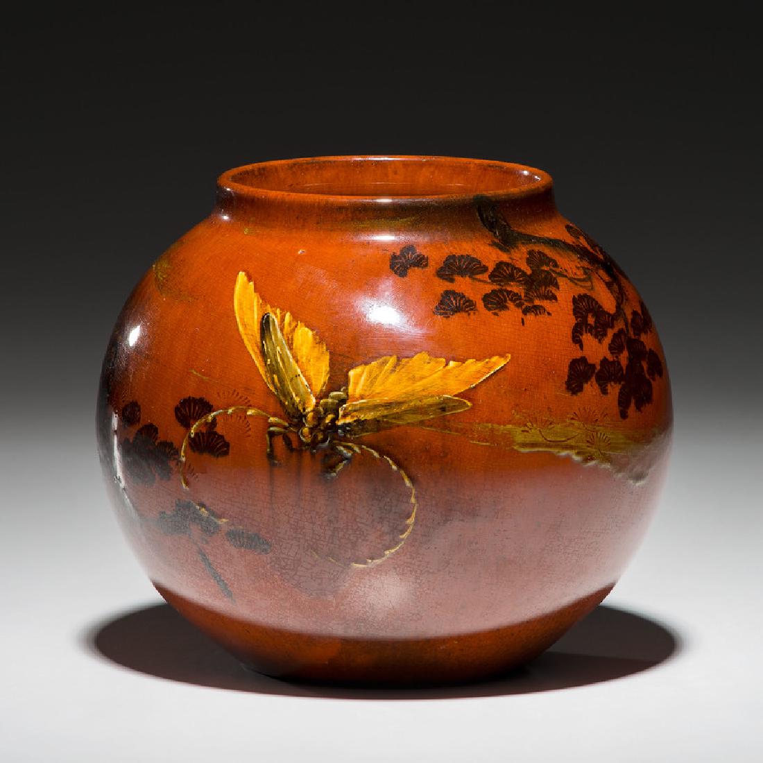 Rookwood Pottery Red Clay Vase, Matthew Daly: American (Cincinnati, Ohio), 1885. A Rookwood Pottery red clay vase decorated by Matthew Daly, with Japanese design featuring a wasp. Marked on underside 112 / 1885 / Rookwood / R with artist initials