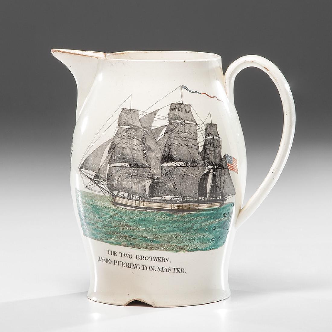 The Two Brothers Liverpool Creamware Jug: English, mid-19th century. A transfer-printed creamware jug, one side with a colored print of a clipper ship sailing an American flag and pennant above the text The Two Brothers / James Purrington Mas