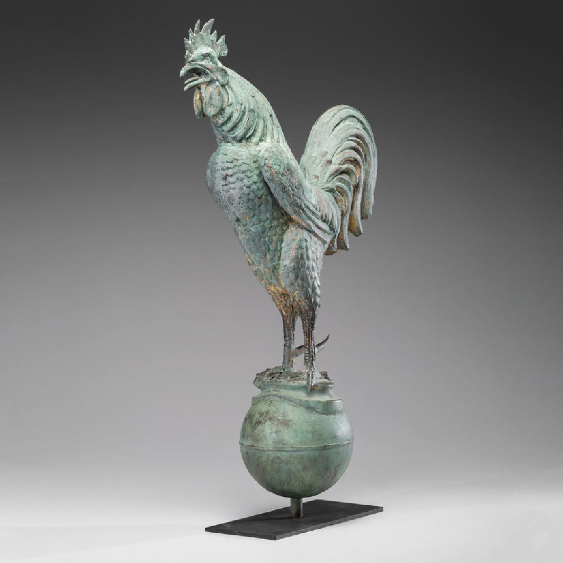 Rooster on Ball Weathervane: American or European, late 19th-early 20th century. A copper weathervane of a full-bodied crowing rooster on a ball, with traces of original gilding. Mounted on a later stand; ht. 36 in. Provenance: P