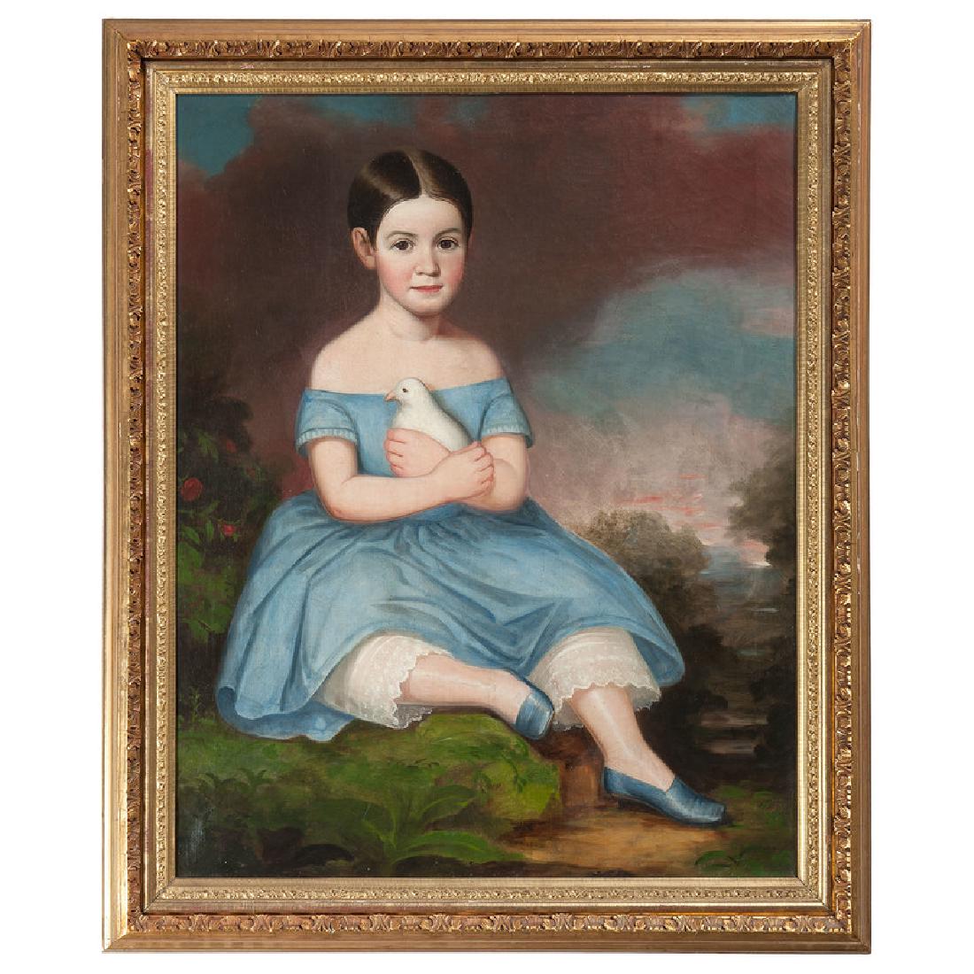 American School, Portrait of Girl with Dove: American, 19th century. Oil on canvas, framed. A portrait of a girl seated in an exterior setting holding a white dove in her arms, inscribed By Thomas Sully / C. Reeves on reverse of canvas; 35.25 x