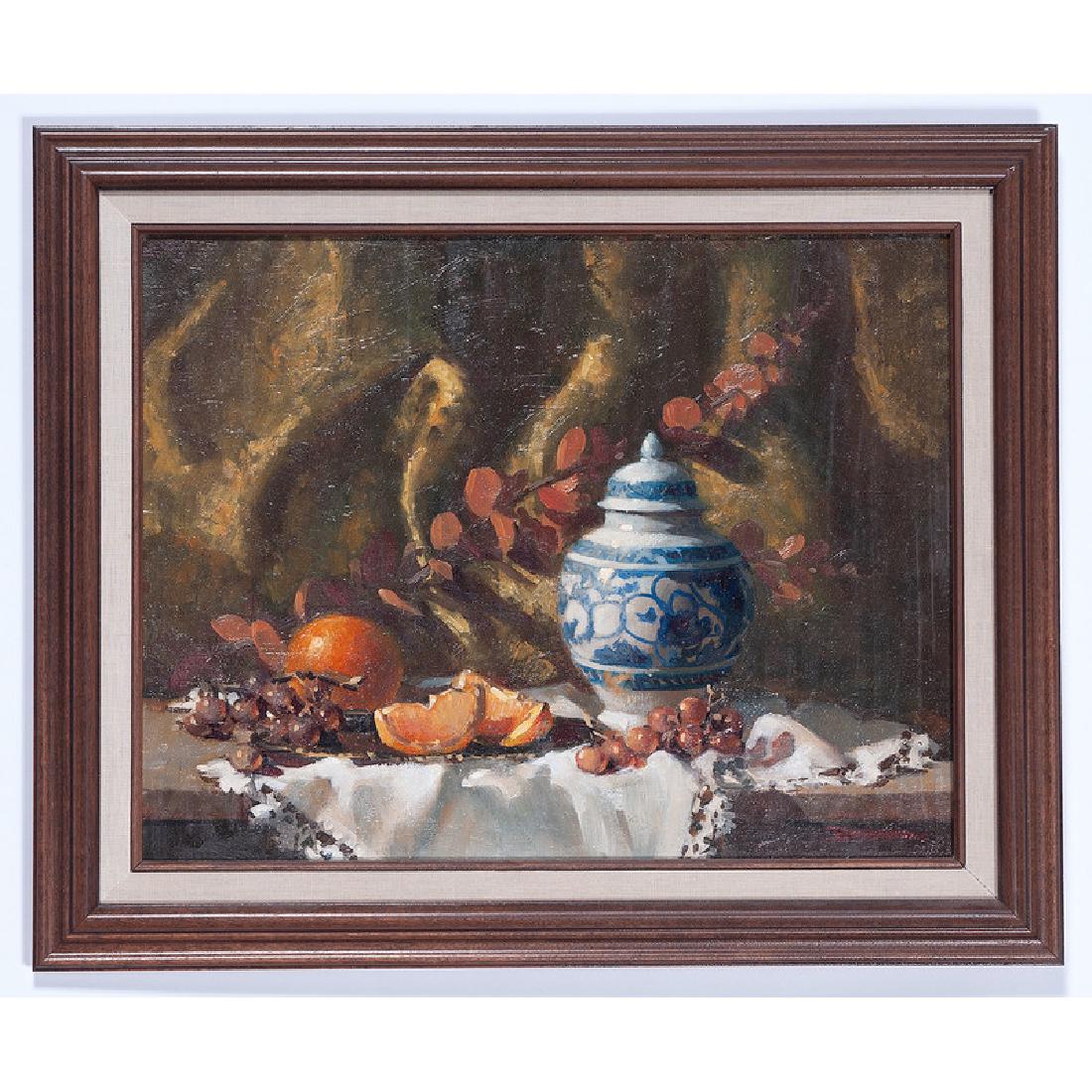 Robert Brubaker (American, 20th century): Still Life with China and Fruit oil onr canvas signed l.r framed 17.5 x 13.75 in. (sight) 22.25 x 18.25 in. (frame) Provenance: Property from the Estate of Julie Parrott Smart, New