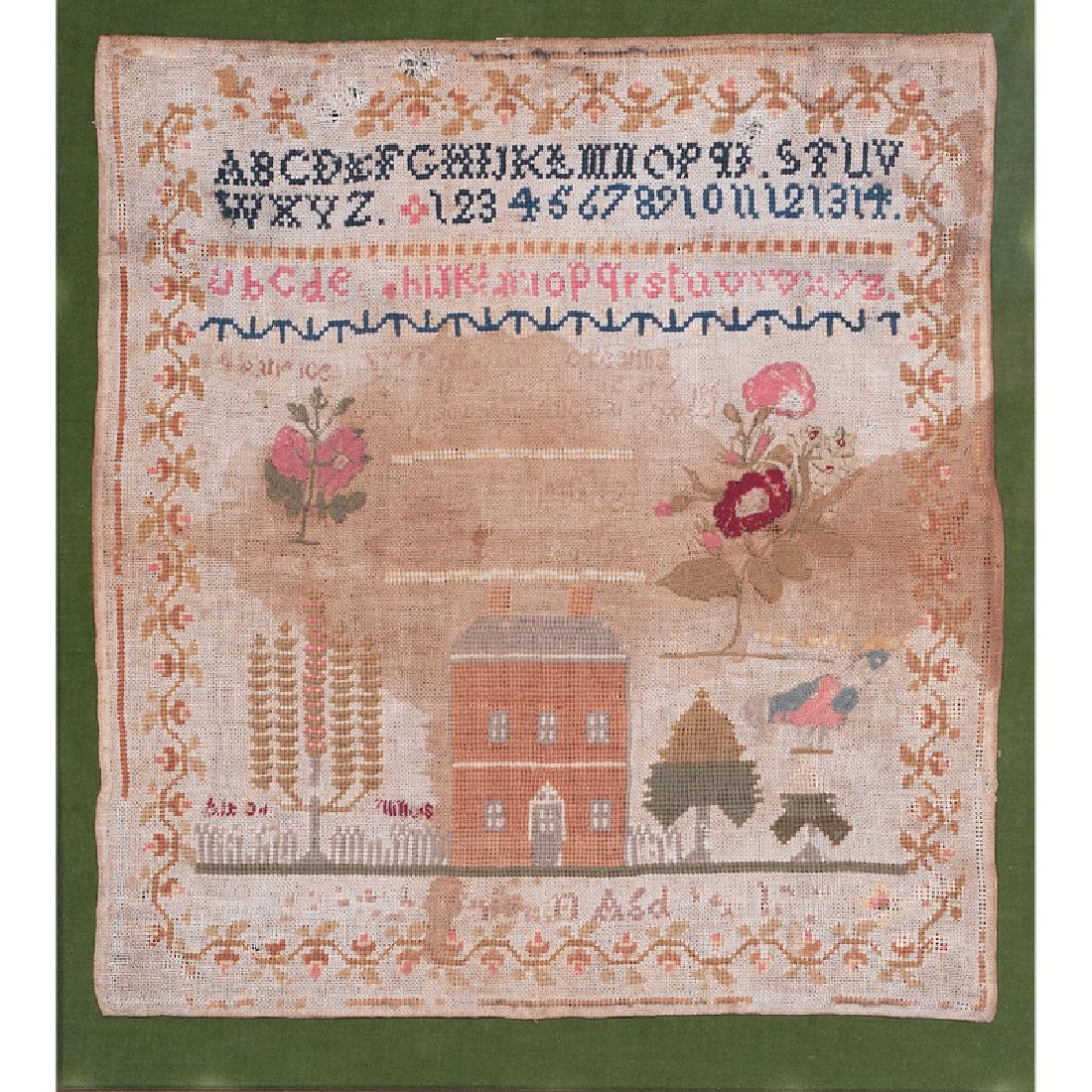 Pictorial Sampler: American, 19th century. An alphabet sampler with a house and trees within a vine border. Framed; 17 x 15.5 in. (sampler), 20.25 x 18.25 in. (frame). Provenance: Property from the collection of Dr. Hel