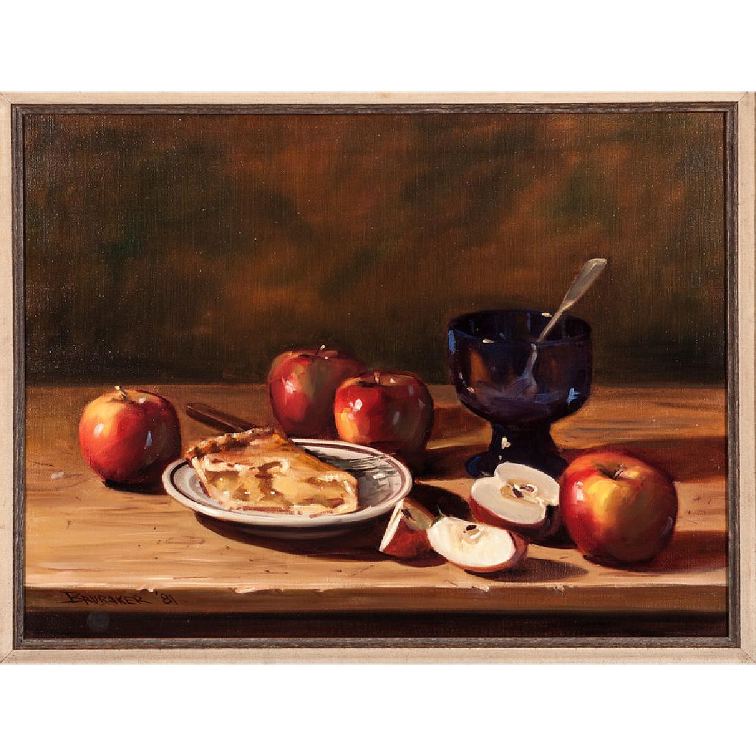 Robert Brubaker (American, 20th century): Still Life with Apples and Pie oil on canvas signed and dated 1981 l.l. framed 23.5 x 17.5 in. (sight) 29 x 23 in. (frame) Provenance: Property from the Estate of Julie Parrott Smart