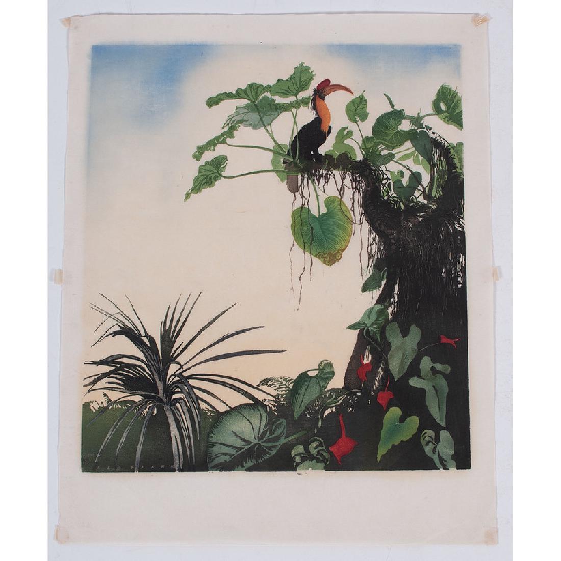 Hans Frank (Austrian, 1884-1948) and Leo Frank: Landscape with Sunbeams woodcut in color signed Hans Frank and dated 21 in pencil l.r. unframed 8.25 x 11.5 in. (plate) 11.25 x 14 in. (sheet) Hornbill and Winter L