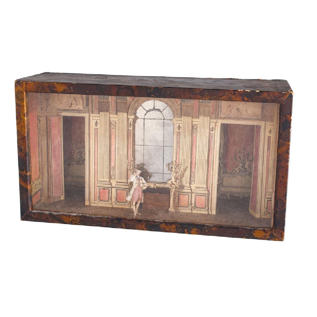 French Interior Diorama: French, 19th century. A diorama depicting an 18th century interior scene with gentleman; ht. 7, wd. 12, dp. 4.5 in.