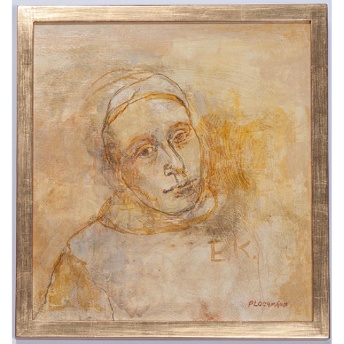 Carolyn Plochmann (American, b. 1926): E.K. acrylic on board signed l.r. signed, dated and titled on verso framed 13.75 x 12.5 in. (sight) and Portrait of a Seated Woman watercolo