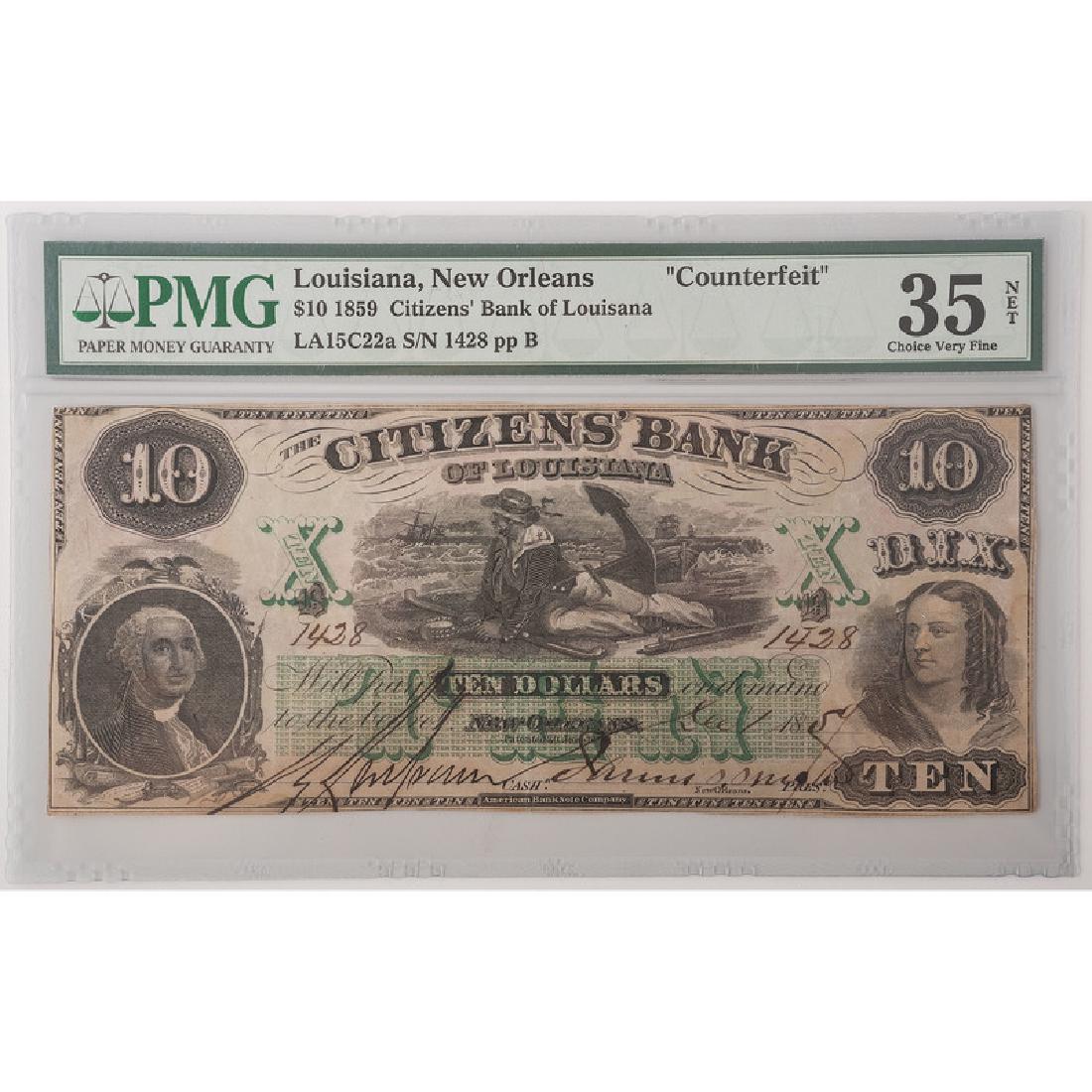Citizens' Bank of Louisiana 1859 $10, PMG "Counterfeit": Citizens' Bank of Louisiana 1859 $10, PMG "Counterfeit" 35 Citizens' Bank of Louisiana 1859 $10, PMG "Counterfeit" 35 LA15C22a S/N 1428 pp B.