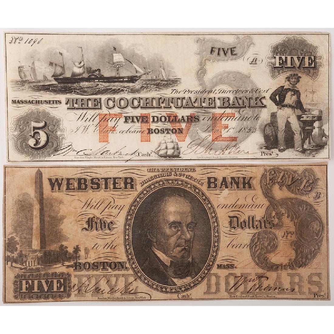Massachusetts Obsolete Currency, Lot of Two: Massachusetts Obsolete Currency, Lot of Two Banks include: The Cochituate Bank and Webster Bank.