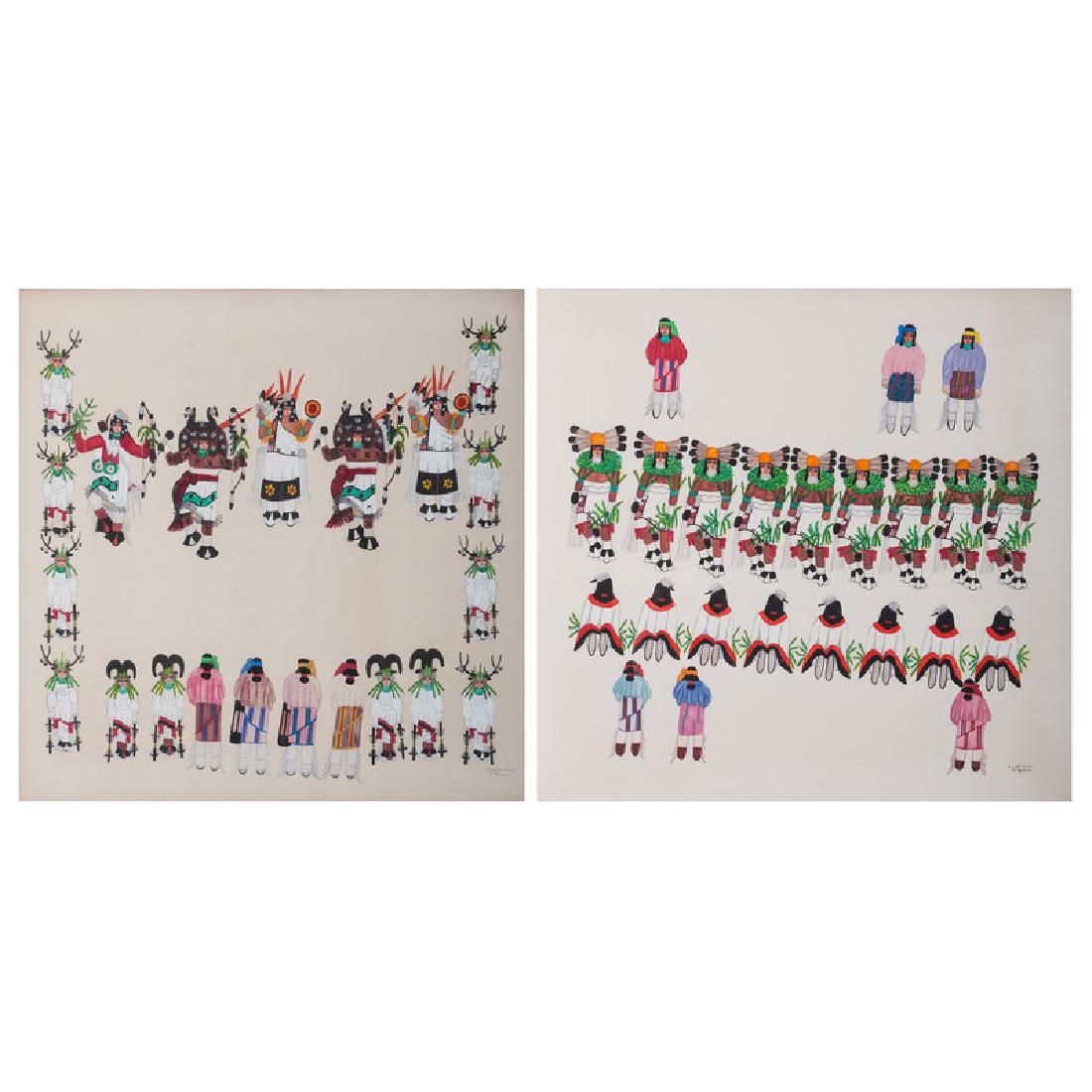 Jose Encarnacion Pena, Soqween (San Ildefonso,: lot of 2 Buffalo Dance titled and signed lower right (sight) 29.5 x 29.5 in.; (framed) 30.25 x 30.25 in. Basket Dance titled and signed lower right (sight) 29.5 in. x 29.5 in.; (framed) 30.25 x 30.25