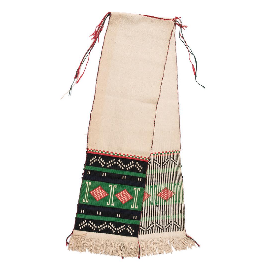 Hopi Brocaded Sash, From The Harriet and Seymour Koenig: cotton; lower panel brocaded in green, black, and red yard, overall length 98 x width 13.5 in. mid-20th century