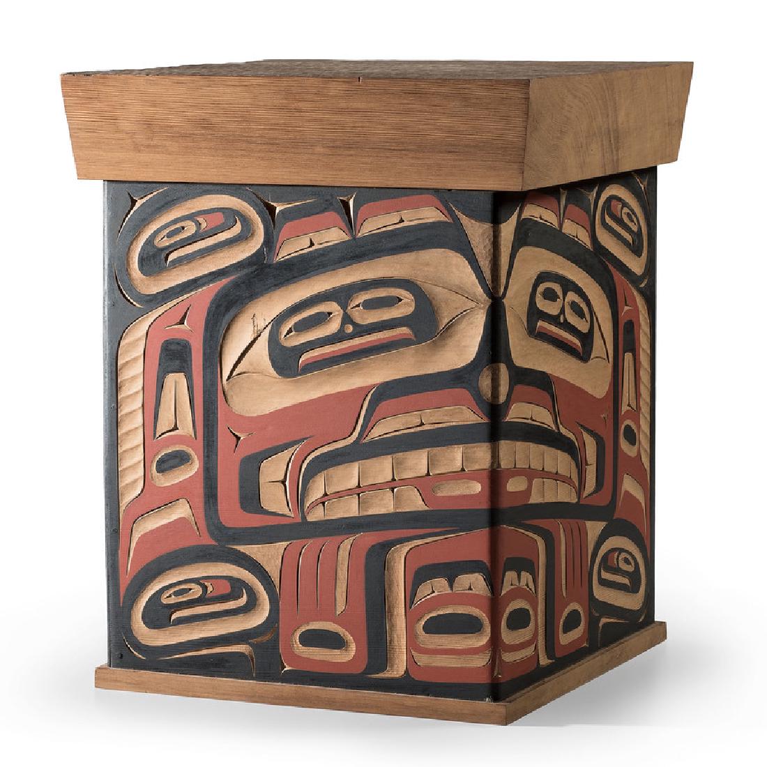 Andy Wilbur-Peterson (Skokomish, b. 1955) Carved and: Sea Bear and Sea Spirit titled and signed inside box height 22.25 in. x width 17.5 in.