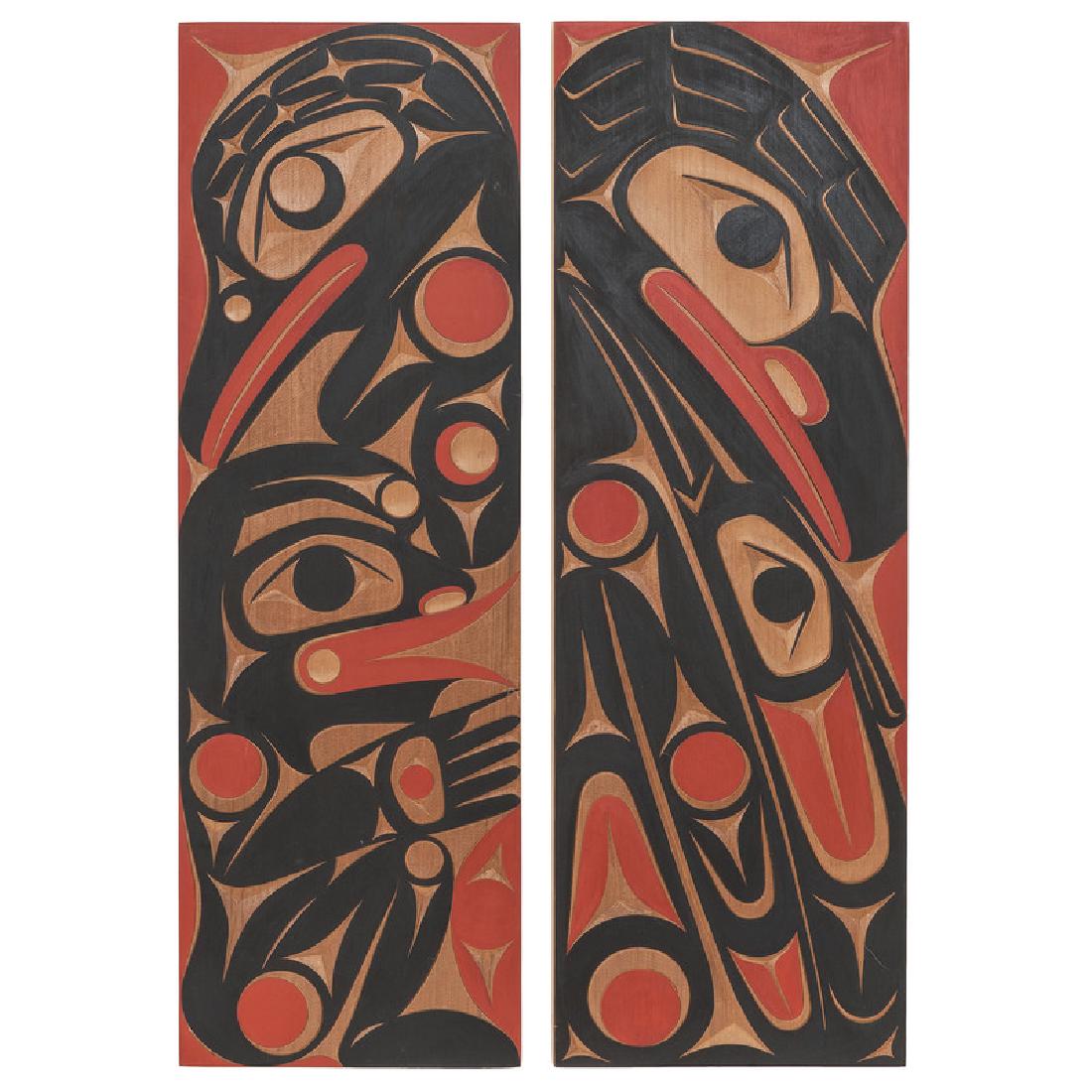 Ruth Wilbur-Peterson (Skokomish, 20th century) Carved: Keeper of the Light titled and signed on reverse each 36 x 11.75 in.