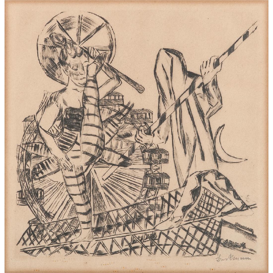 Max Beckmann (German, 1884-1950): Der Seiltanzer, from Der Jahrmarkt drypoint etching signed in pencil l.r., publisher's stamp l.r. matted and framed 10 x 10 in. (plate) 22.5 x 16.5 in. (frame)