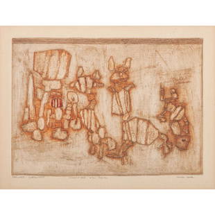 Pierre Louis Maurice Courtin (French, 1921-2012): Untitled ca 1957-1969 intaglio etchings and intaglio (group of 8) each signed, dated and titled seven framed, one unframed various sizes, largest 22.5 x 13.5 in., smallest 5 x 3.75