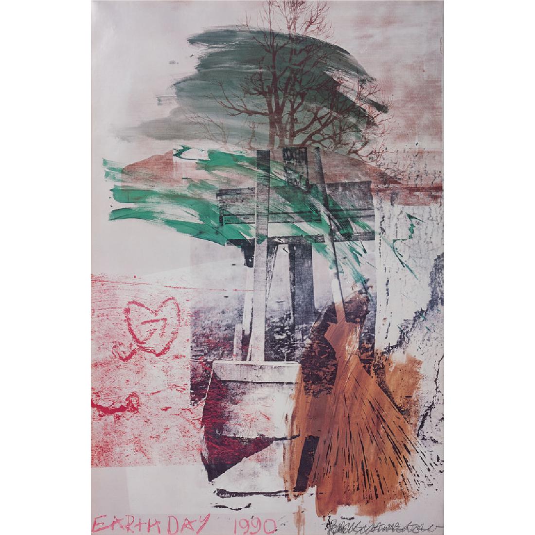 Robert Rauschenberg (American, 1925-2008): Earth Day, 1990 color offset lithographic poster hand signed by the artist l.r. framed 60 x 40 in. (sheet)