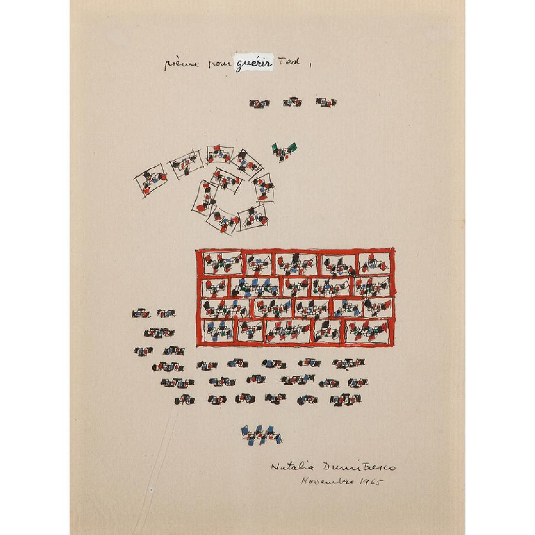 Natalia Dumitresco (French-Romanian, 1915-1997): Poème Pour Guérir Ted gouache, ink and pencil on paper signed and dated Novembre 1965 l.r. framed 7.5 x 5.5 in. (sheet)