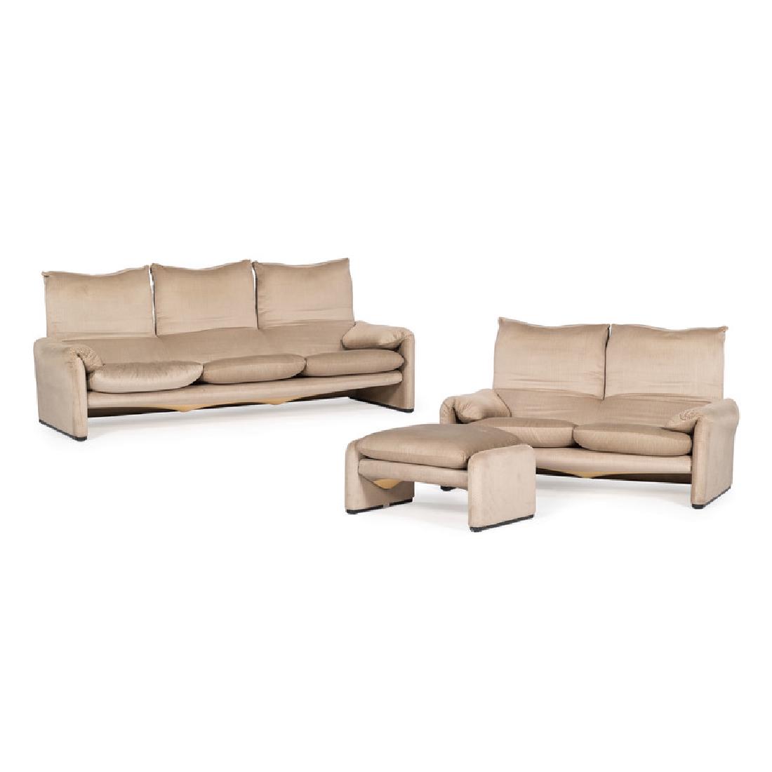 Vico Magistretti for Cassina, Maralunga Sofa, Loveseat: Italian, late 20th century. A Maralunga seating set including a sofa, loveseat and ottoman designed by Vico Magistretti for Cassina , all in matching beige and brown upholstery with black plastic leg