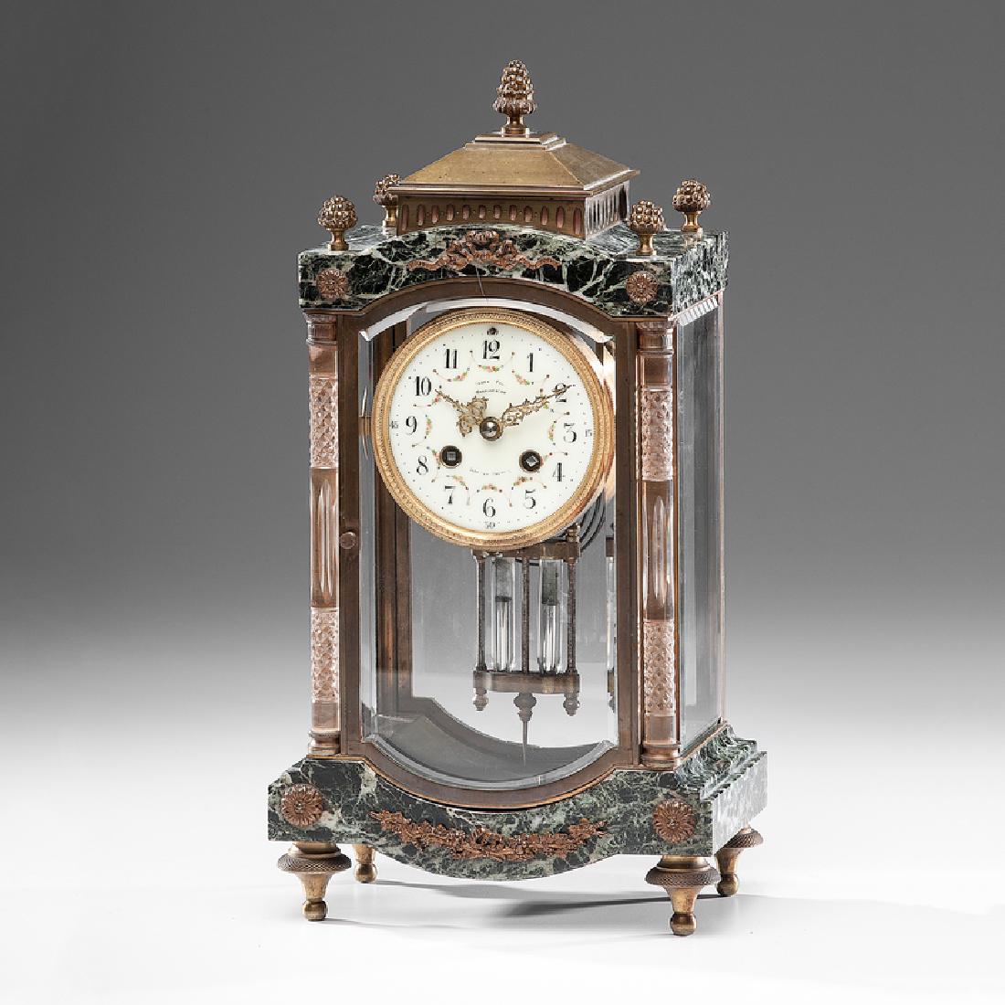 French Marble Regulator Clock: French, late 19th century. A green marble, bronze and crystal shelf clock, with an eight- or fifteen-day time and strike spring movement, painted porcelain dial, and cut crystal columns, dial marked L