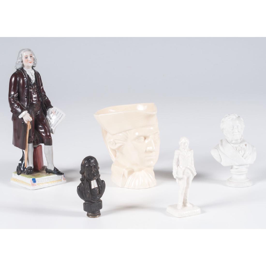 Historical Figurines, Including George Washington &: 19th-20th century. Porcelain figurines of George Washington and Benjamin Franklin, respectively marked for Scheibe-Alsbach and Germany, a figural stamp depicting John Wesley, and a miniature Parian wa
