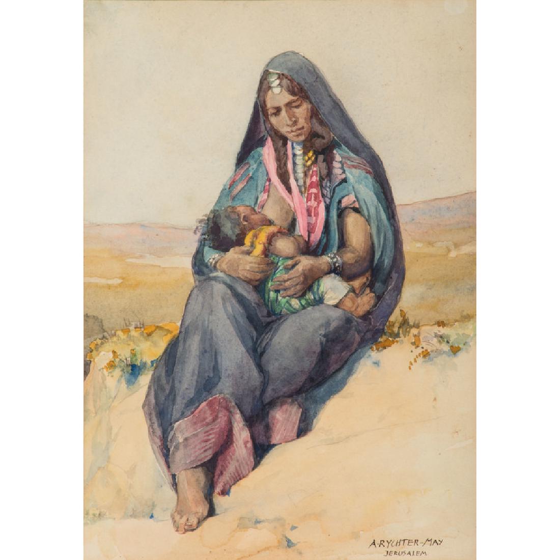 Anna Rychter-May (British, 1855-1955): Nursing Mother watercolor signed and inscribed Jerusalem l.r. framed and matted under glass 12.25 x 8.75 in. (sight) 17.75 x 14.25 in. (frame)