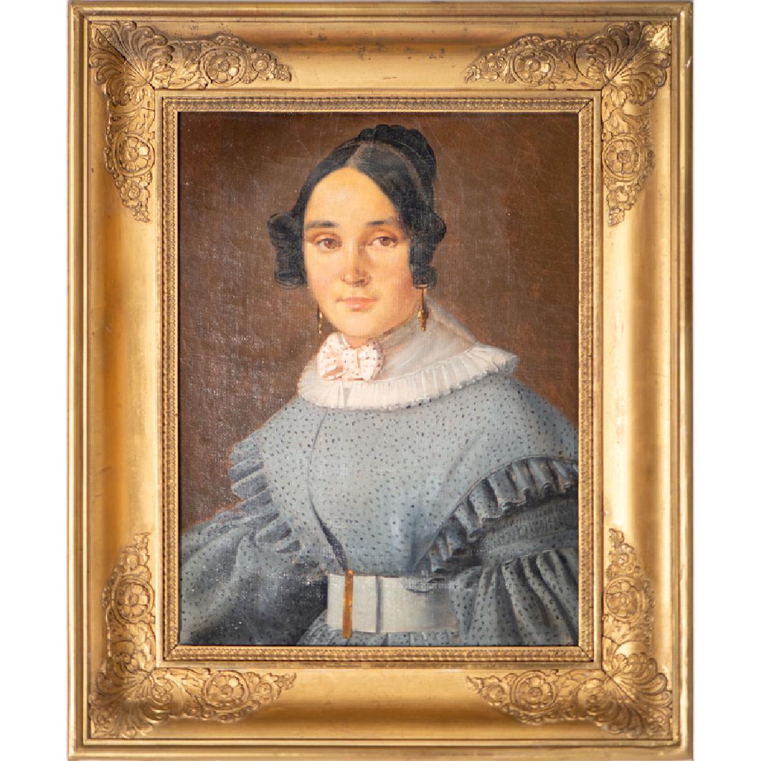 Portraits of Husband and Wife: 19th century. A pair of oil on canvas portraits of a man and woman, housed in gilt frames. Unsigned and stamped on verso, mostly illegible but reading Grand Raphael; each 13.25 x 10 in. (sight), 18.5 
