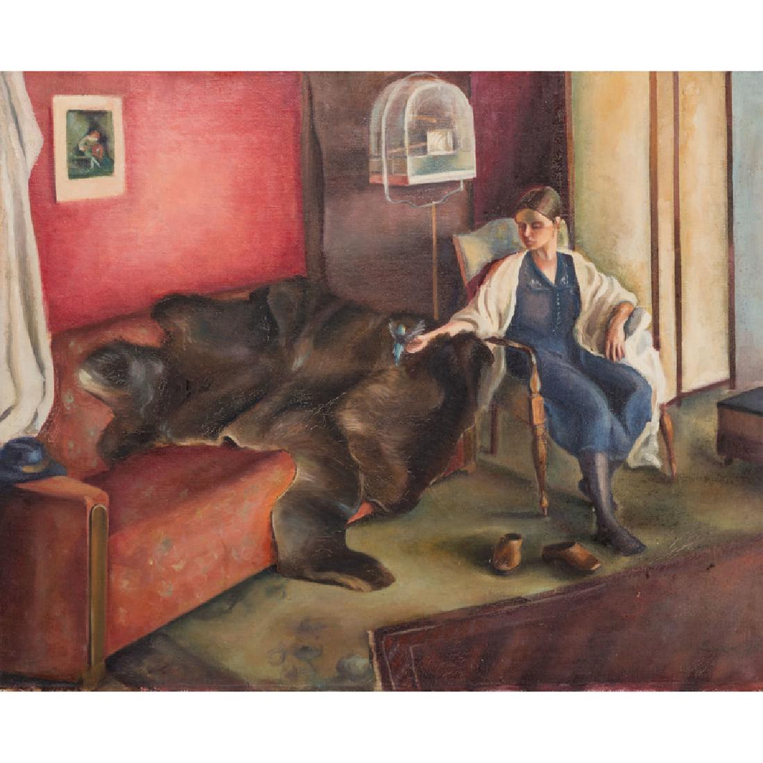 Michael Scott (American, Cincinnati, b. 1952): Untitled (Woman with Bird) oil on canvas signed and dated 75 l.r. framed 26 x 30 in. (canvas)