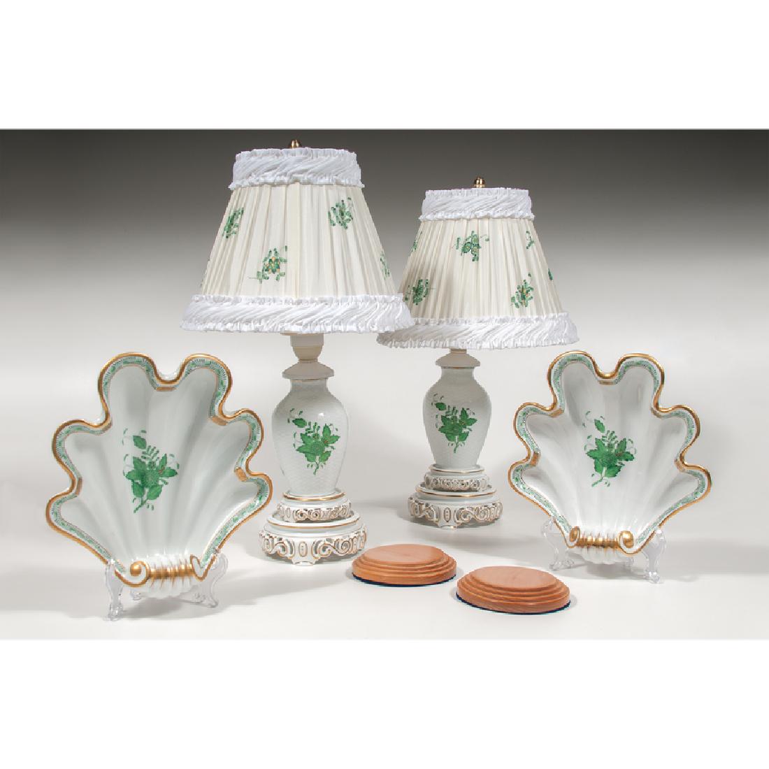 Herend Lamps and Shell Dishes, Chinese Bouquet Green,: Hungarian, late 20th century. Four pieces of Herend porcelain, all in the Chinese Bouquet pattern and marked for maker on underside, including two lamps on reticulated pedestal bases and marked 6904