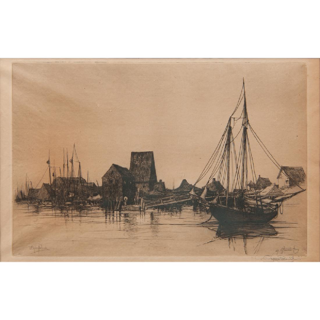Stephen Maxfield Parrish (American, 1846-1938): Gloucester Ferry 1947 signed in plate l.l., in pencil l.r. dated 47 and titled in plate l.r. framed 9.25 x 14.5 in. (plate), 20.5 x 27 in. (frame) Provenance: J. Ea