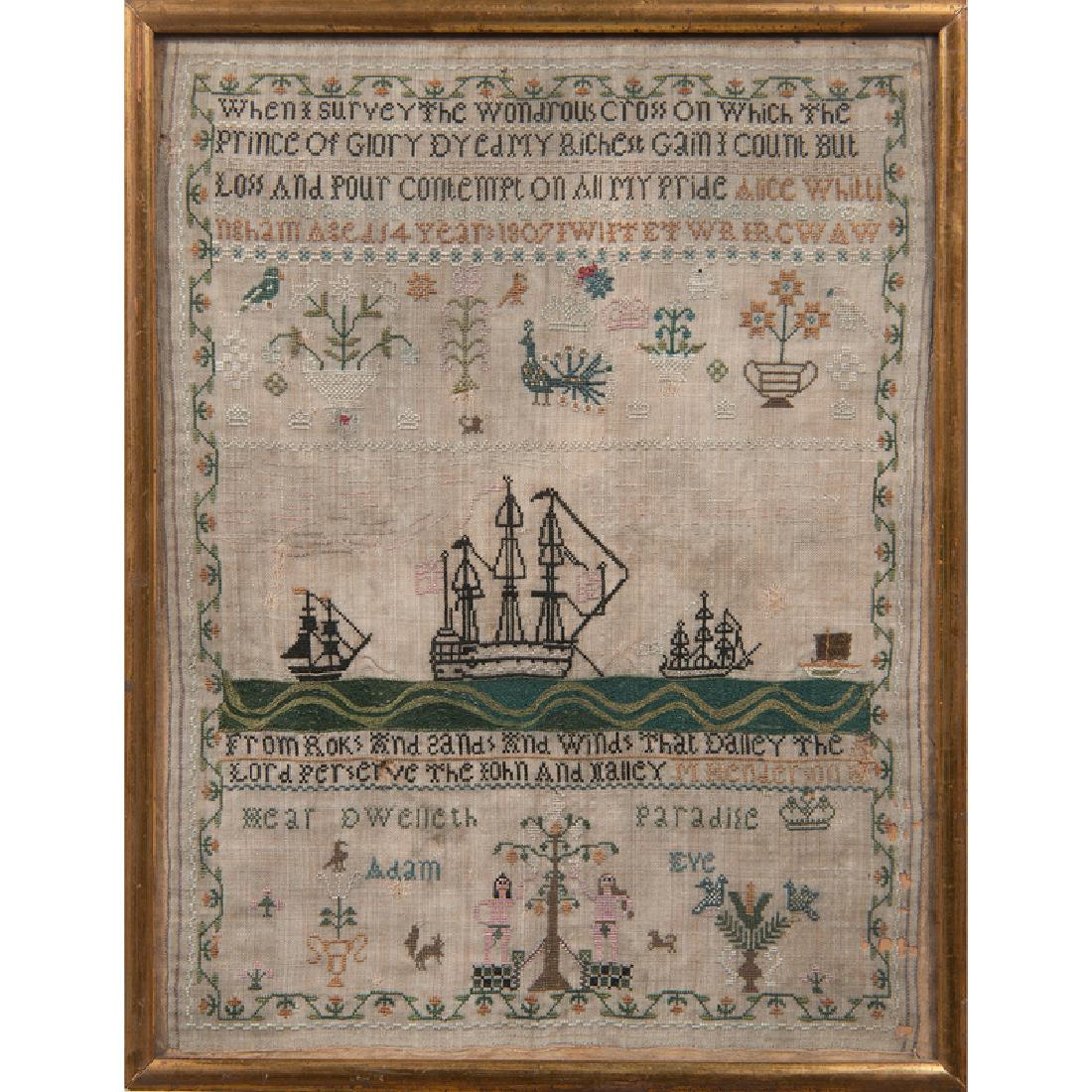 1807 British Sampler with Nautical Scene and Hymn: British, ca. 1807. A framed needlework sampler featuring a nautical scene with ships along with two blocks of text. One block reads When I Survey The Wondrous Cross On Which The Prince Of Glory Dyed [