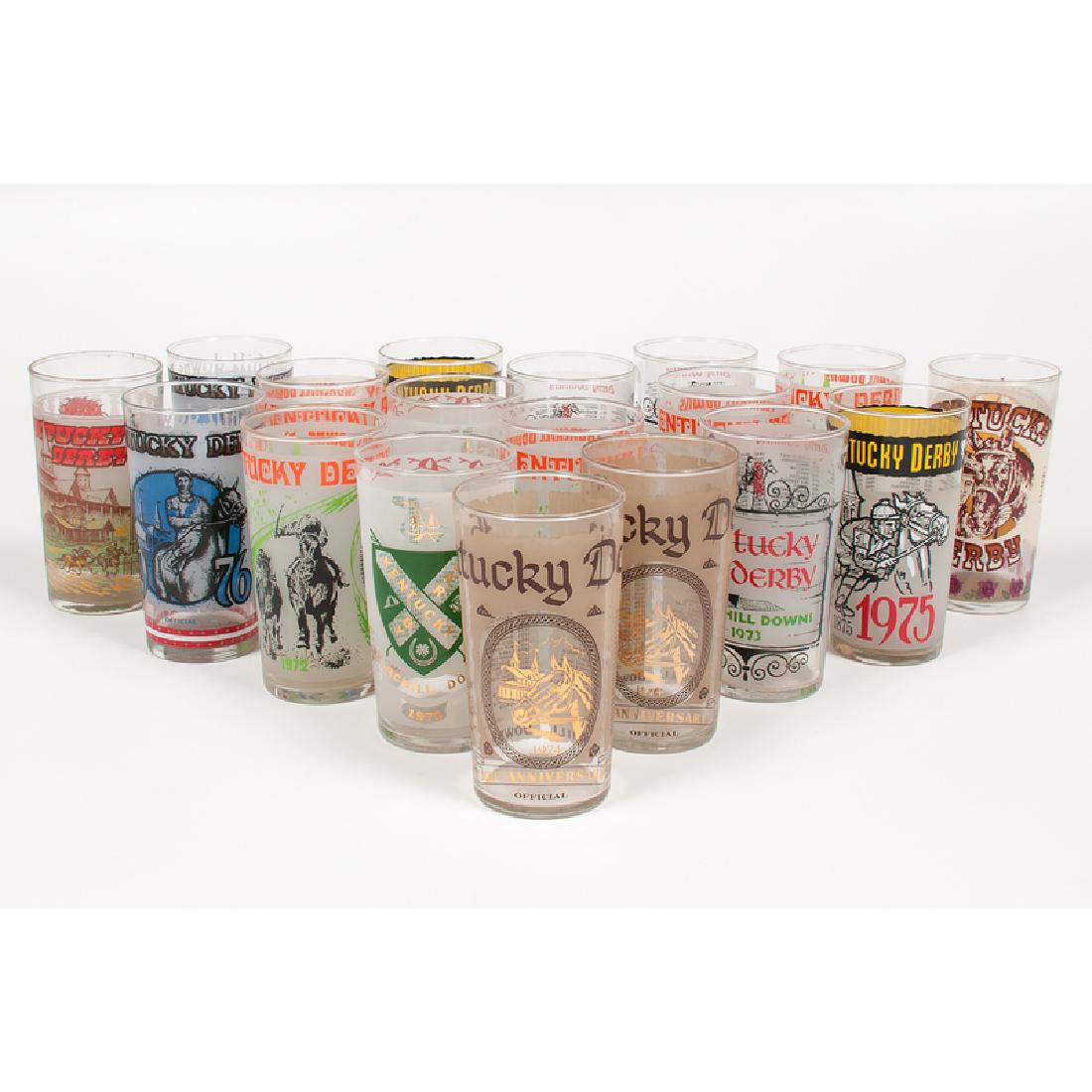 1970s Kentucky Derby Glasses: American, 1970s. Eighteen Kentucky Derby glasses, including two 1970, five 1972, three 1973, two 1974, two 1975, two 1976, one 1977, and one 1978; each ht. 5.25, dia. 2.75 in.