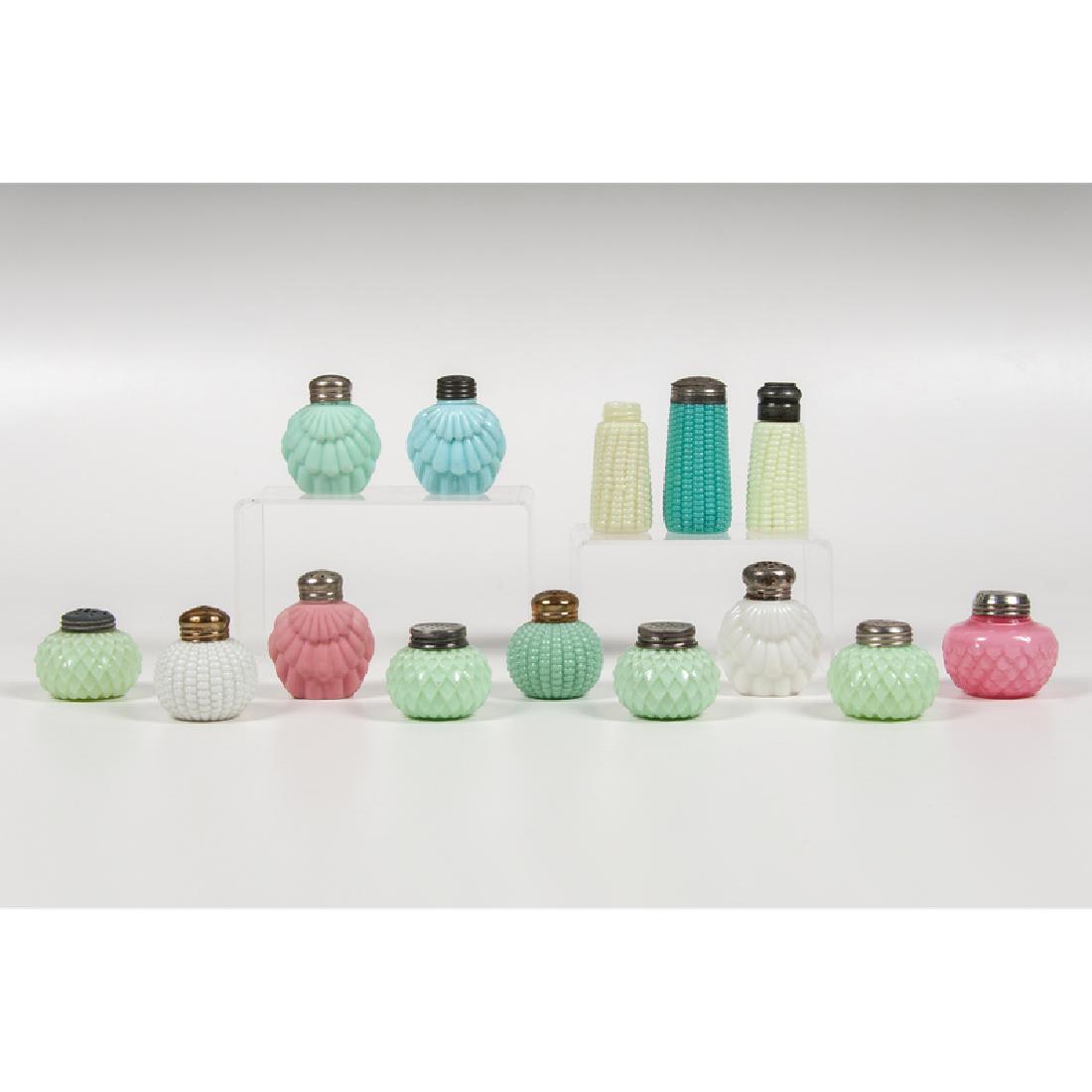 Opaque Glass Salt Shakers, including Consolidated Glass: American, late 19th-early 20th century. Fourteen opaque glass salt shakers in various colors of blue, green, teal, pink, and yellow, including four in overlapping shell pattern and five in the half co