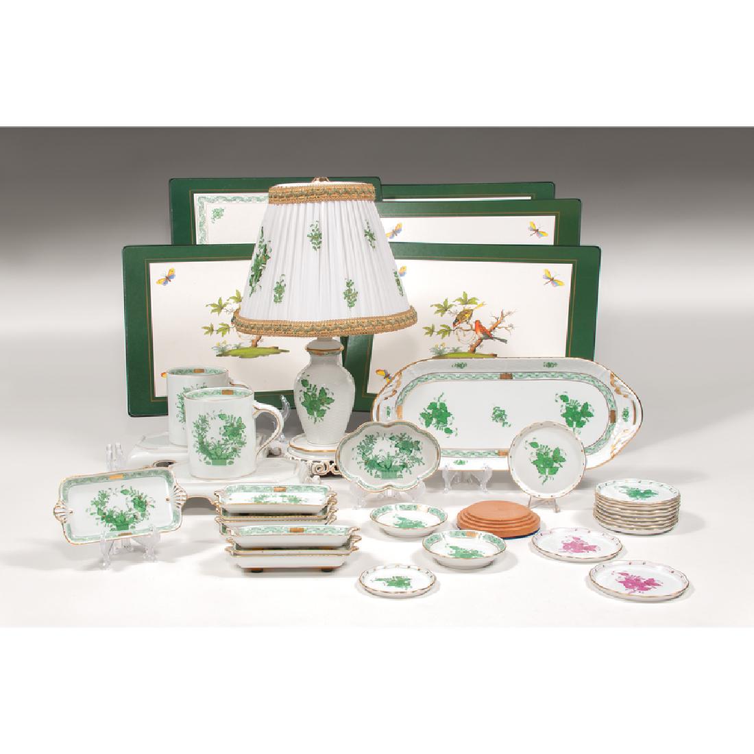 Herend Tablewares, Indian Basket and Chinese Bouquet: Hungarian, 20th century. A group of twenty-six Herend tablewares, all marked for maker on underside, including, in the Chinese Bouquet pattern: one lamp on a reticulated pedestal base marked 6904/CO