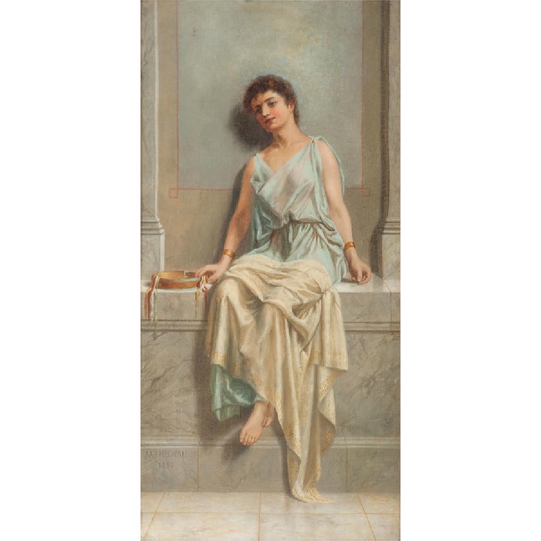 John Augustus Thelwall (British, active 1883-1896) Oil: Seated Girl with Tambourine 1890 signed and dated 1890 l.l. framed 18 x 9 in. (sight), 14.5 x 23.25 in. (frame)