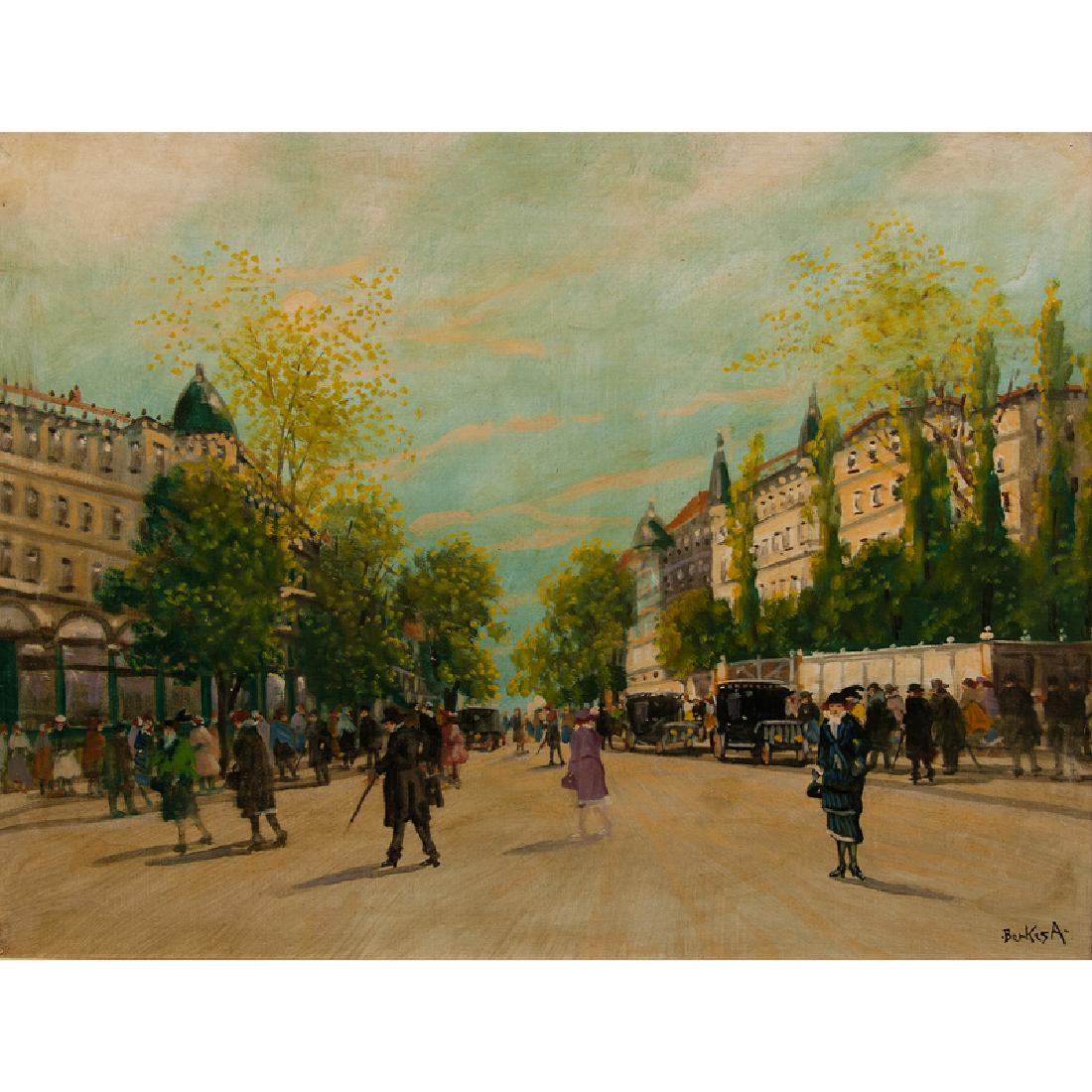 Antal Berkes (Hungarian, 1874-1938) Oil on Canvas: Budapest Street Scene ca. 1920s signed l.r. framed 22.75 x 30.75 in. (sight), 28.75 x 36.75 in. (frame)
