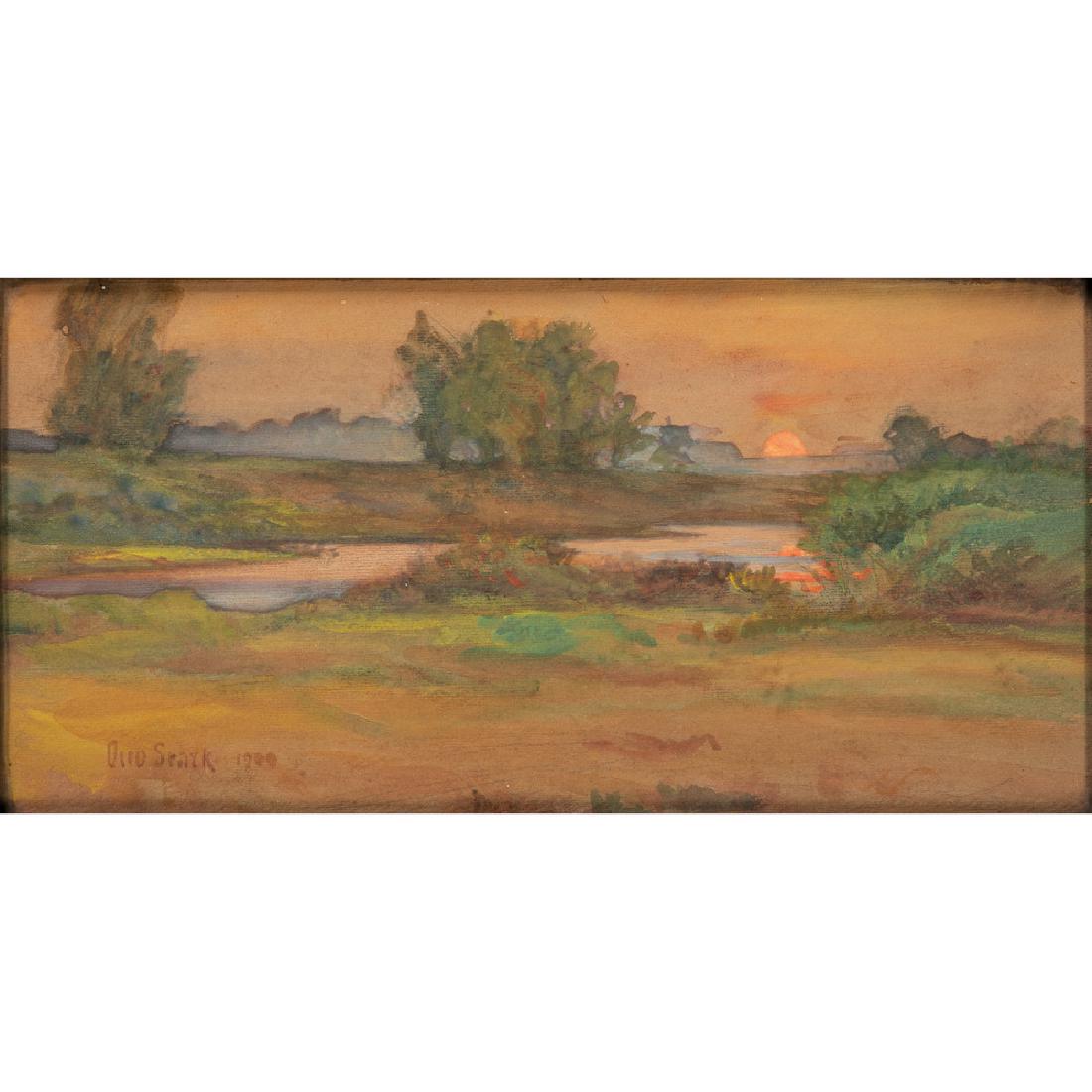 Otto Stark (American, 1859-1926): Landscape with Sunset watercolor on paper signed and dated 1900 l.l. framed under glass 7 x 14.25 in. (sight) 13.5 x 20.75 in. (frame)