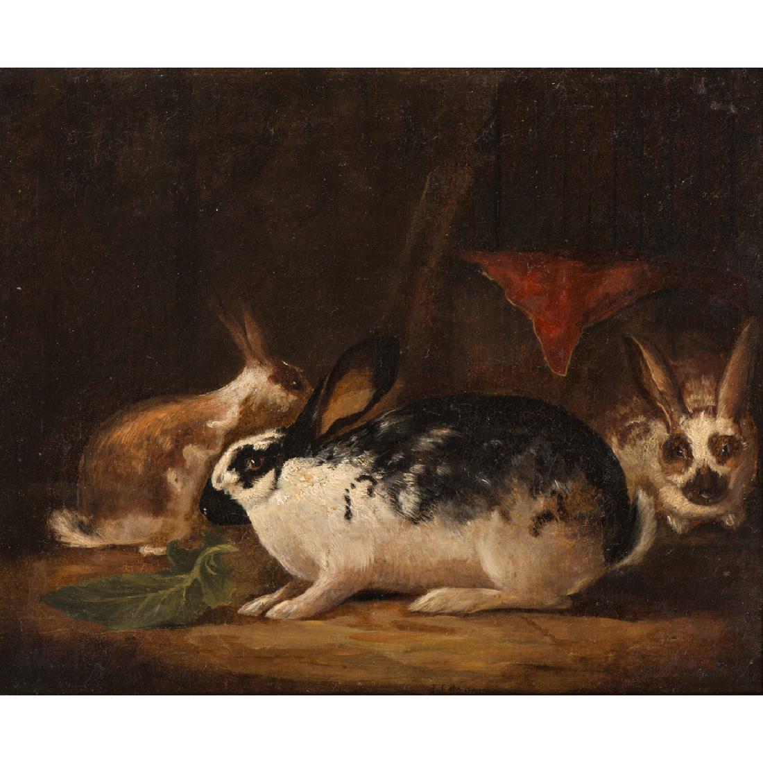 John Frederick Herring II (English, 1815-1907): Rabbits oil on canvas signed l.c. framed 15 x 17.75 in. (sight) 20.5 x 23.5 in. (frame)