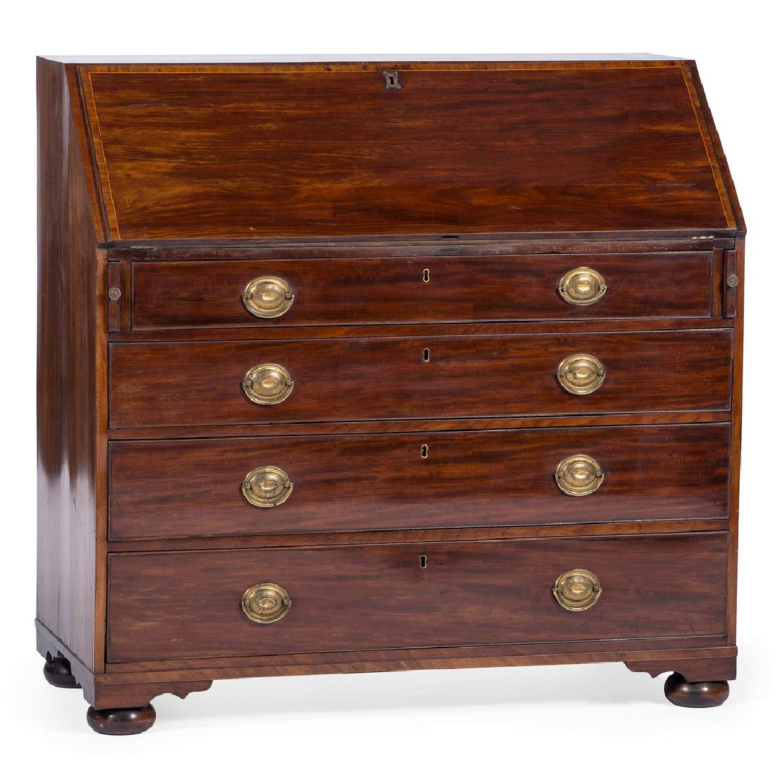 English Hepplewhite Slant Front Desk: English, 19th century. A slant front writing desk in mahogany, having a hinged slant front surface with banding inlay, the inset leather writing surface with pull supports, and fitted interior consist