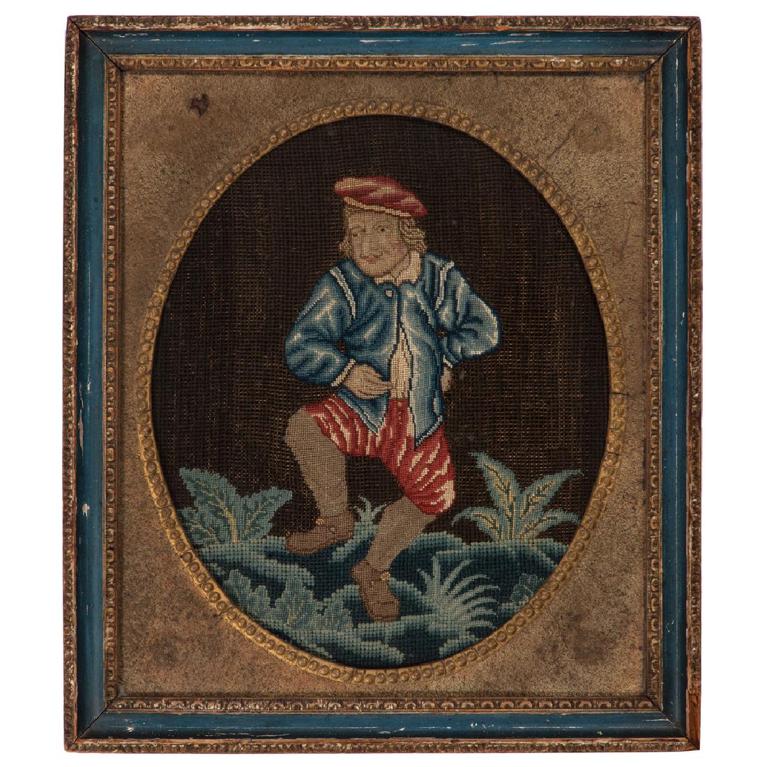 English Needlework Panels of Dancing Men: English, 18th century. Two needlework depictions of a dancing man, derived from the same source, the earlier example housed in a frame with oval opening, the later example also framed, with a more ela