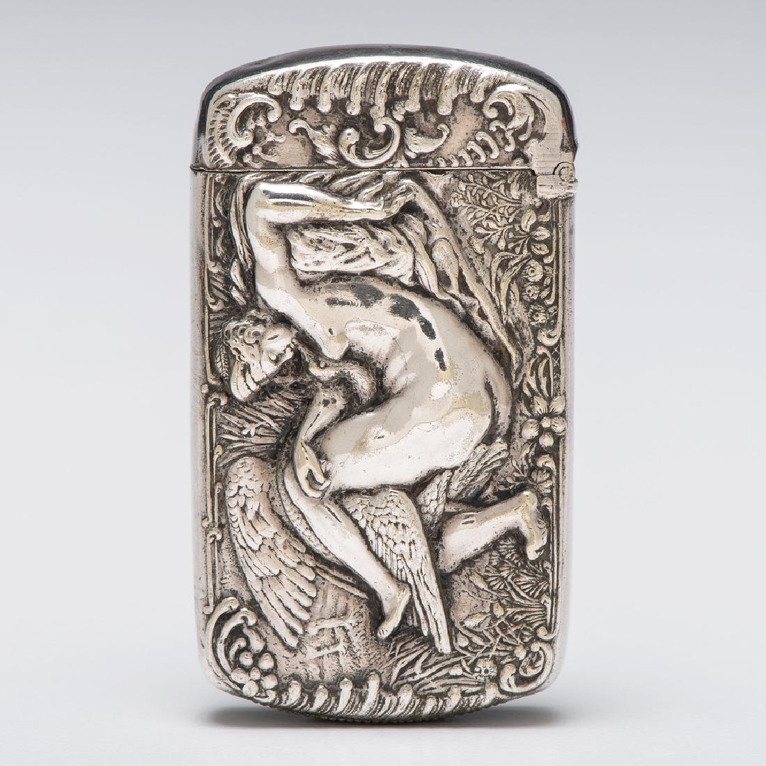 Silverplate Match Safe with Leda and the Swan: American, late 19th-early 20th century. A silverplate match safe with an embossed design of Leda and the swan, the opposite side blank, stamped Pat. Appd For on interior lip; ht. 2 1/2, wd. 1 3/8 in.