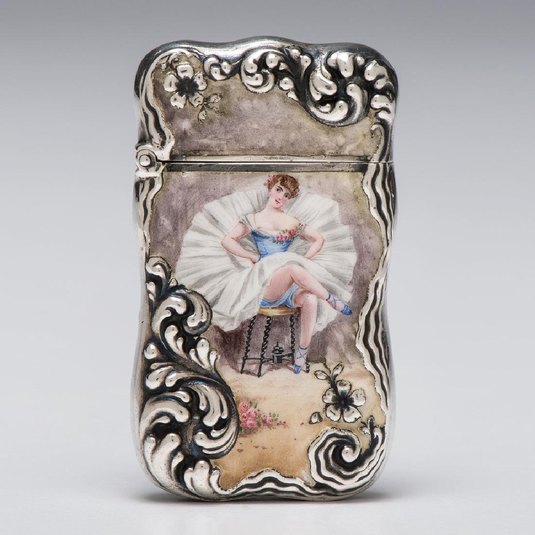 Reed & Barton Sterling Enameled Ballerina Match Safe: American, late 19th century. A Reed and Barton sterling match safe with an enameled portrait of a ballerina and a repoussé border of flowers and flourishes, the opposite side with the same rep