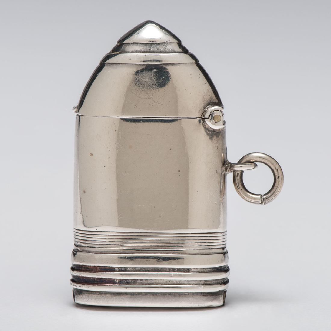 Sterling Match Safe in the Form of a World War I: English (Birmingham), 1915. A sterling silver match safe in the form of a World War I projectile, with partial hallmarks on outer lid, interior lip with full hallmarks, including partial maker's mark 