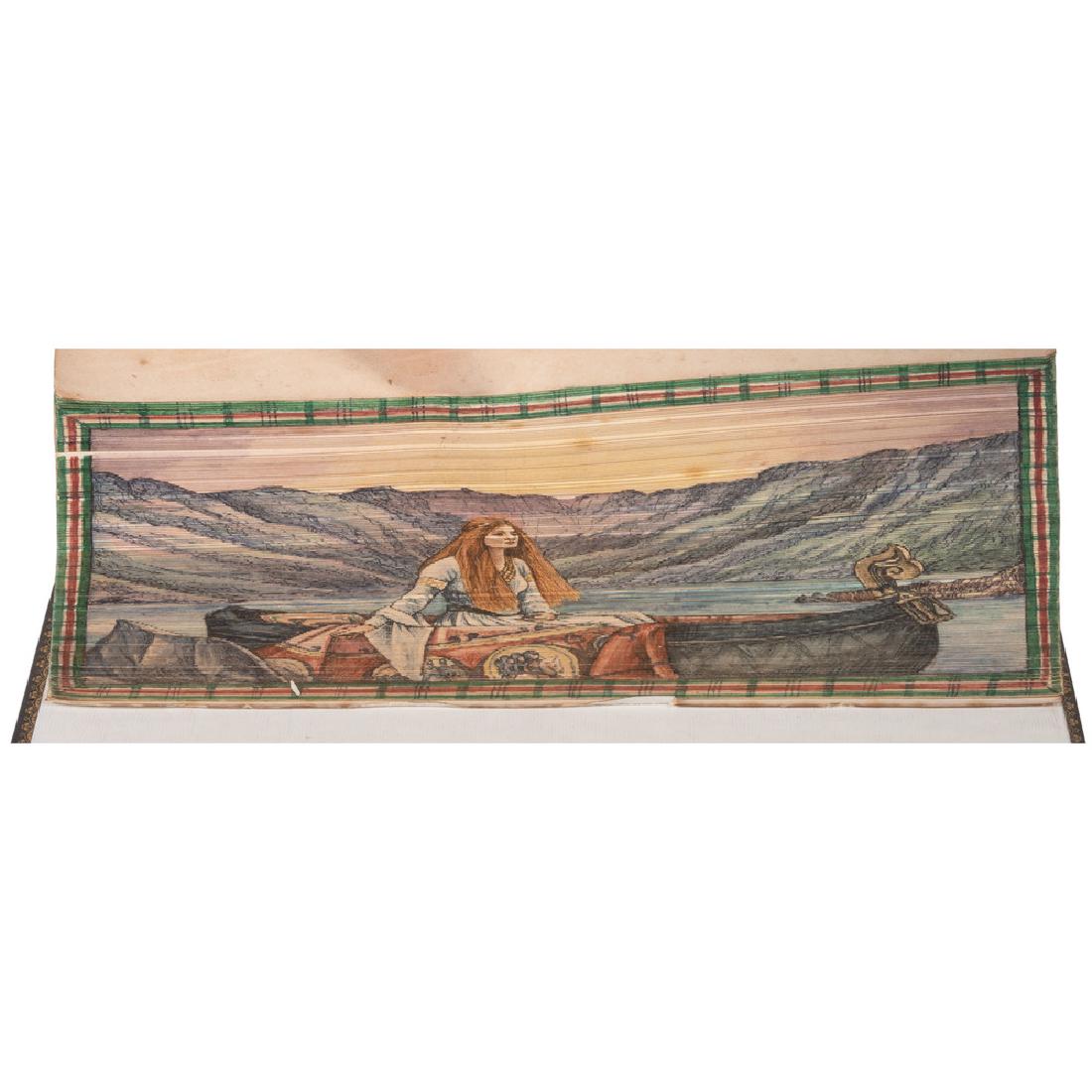 Fore-edge Painting, Lady of the Lake: Scott, Sir Walter. The Lady of the Lake . Edinburgh: Adam and Charles Black, 1871. 16mo, red Morocco spine with gilt lettering and devices, 5 spine bands, a.e.g., tartan celluloid "boards," with narro