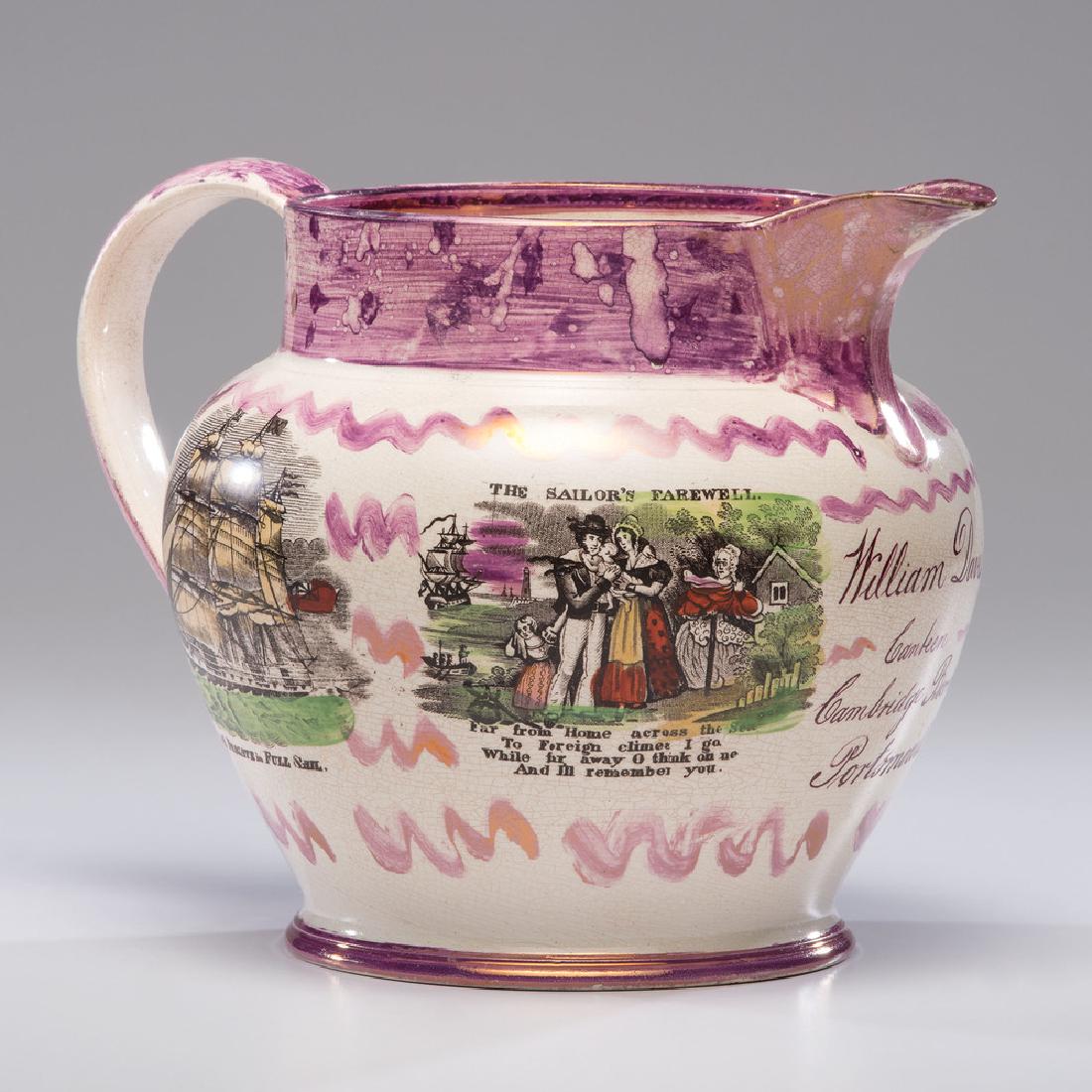 Sunderland Pink Luster Pitcher, William Davis Canteen: English, early 19th century. A pink luster pitcher with multiple transfer reserves including The Sailor's Farewell , A Frigate in Full Sail , An East View of the New Bridge, Sunderland , and a sailor'
