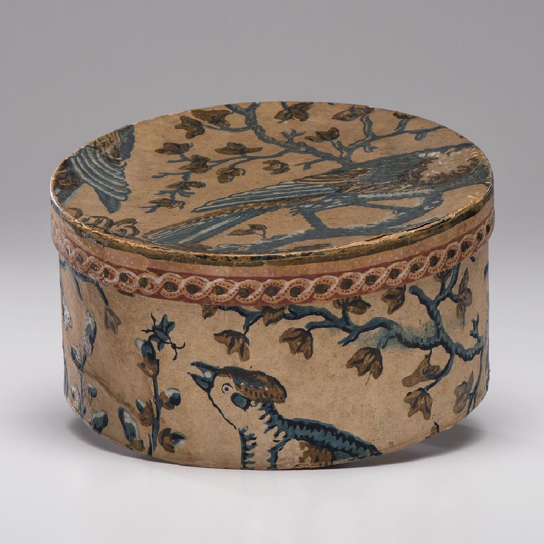 Fine Wallpaper Bandbox: American, 19th century. A wallpaper bandbox retaining label for Nathan Neat, a manufacturer of trunks in Boston, Massachusetts; ht. 5.25, dia. 10 in.