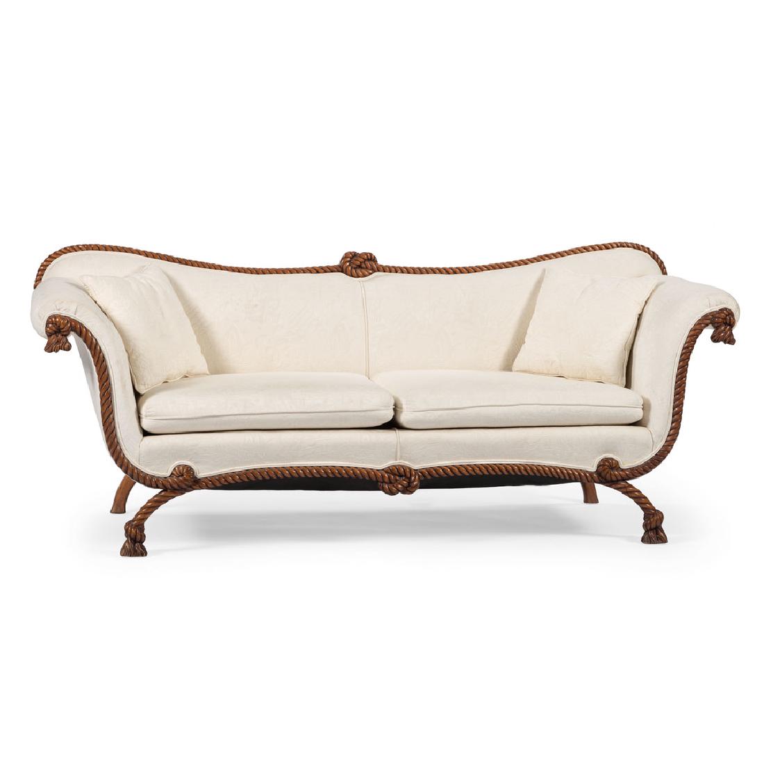 Carved Rope-Twist Sofa: American, 20th century. A carved rope-twist sofa in mahogany, with shaped back and outscrolled arms, possibly by J.B. Van Sciver & Co .; oah. 34.25, wd. 83, dp. 30 in.