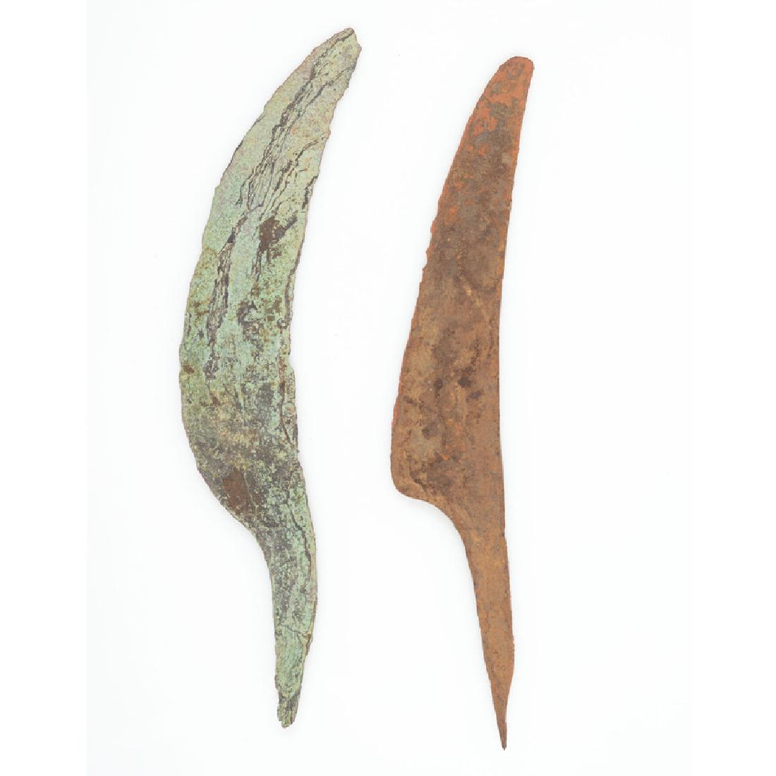 Old Copper Culture Spear Points, From the Collection of: Old Copper Culture Spear Points, From the Collection of Roger "Buzzy" Mussatti, Michigan Old Copper Culture, 7000-3000 B.C. Vilas County, Wisconsin Gogebic County, Michigan lot of 2, longest 6.75 in.