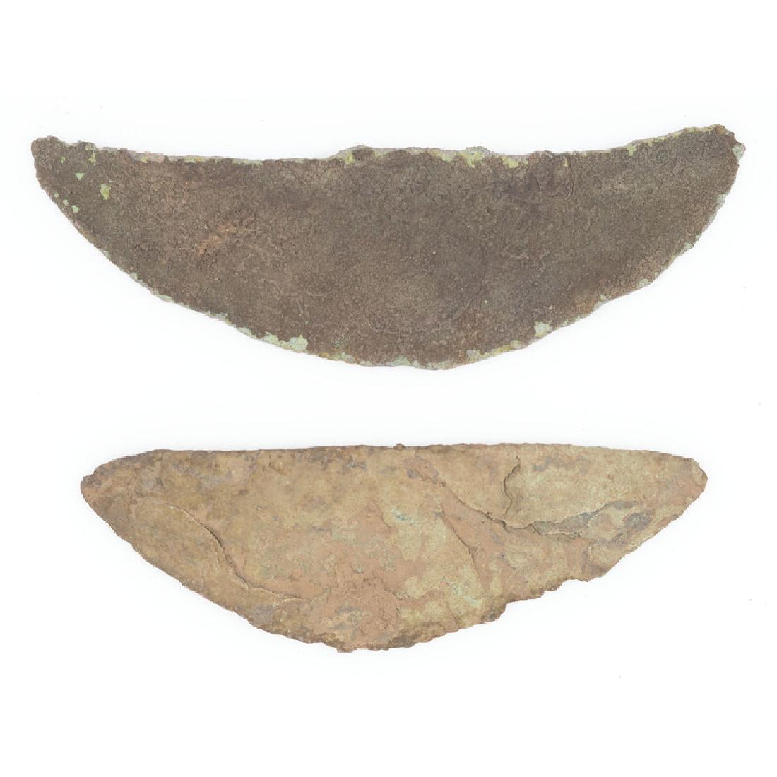 Old Copper Culture Gorgets: Old Copper Culture Gorgets, From the Collection of Roger "Buzzy" Mussatti, Michigan Old Copper Culture, 7000-3000 B.C. lot of 2, longest 5 in.