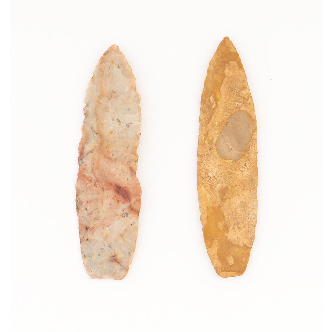 Two Paleo Lances,: Two Paleo Lances, From the Collection of Jon Anspaugh, Wapakoneta, Ohio Paleo Indian Period, 13,000-7000 B.C. lot of 2, longest 4 in.