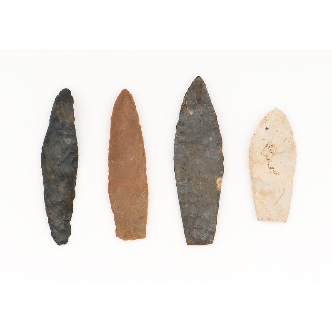 Four Paleo Lances,: Four Paleo Lances, From the Collection of Jon Anspaugh, Wapakoneta, Ohio Paleo Indian Period, 13,000-7000 B.C. Restoration to base and edges. [longest] lot of 4, longest 4 in.
